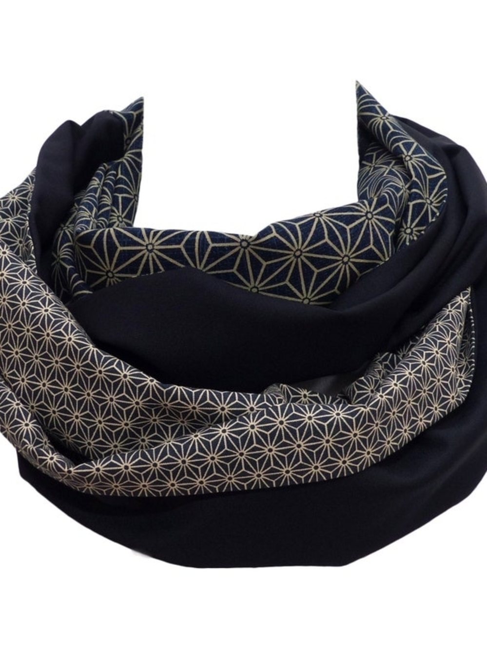 Navy Blue Infinity Scarf with Tan Asanoha Geometric Print - Picture 2 of 3